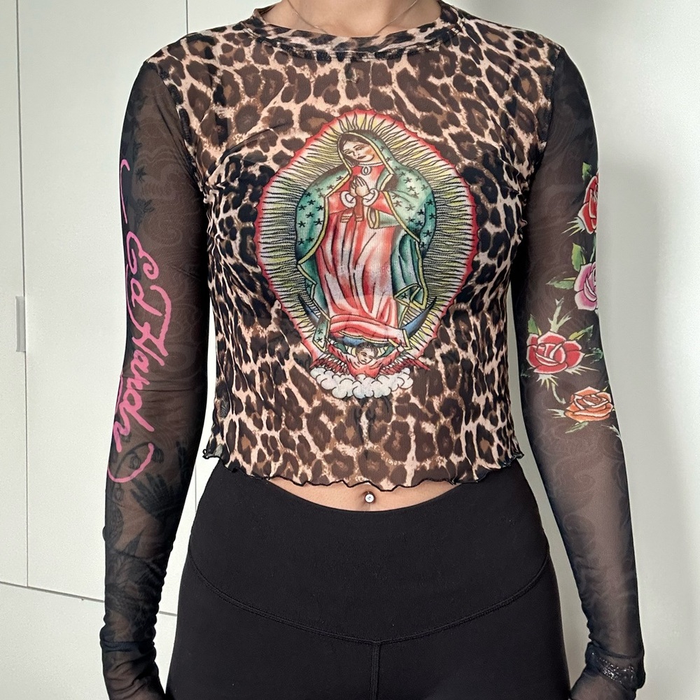 Ed Hardy Graphic Fitted Crop Blouse in Brown and Black